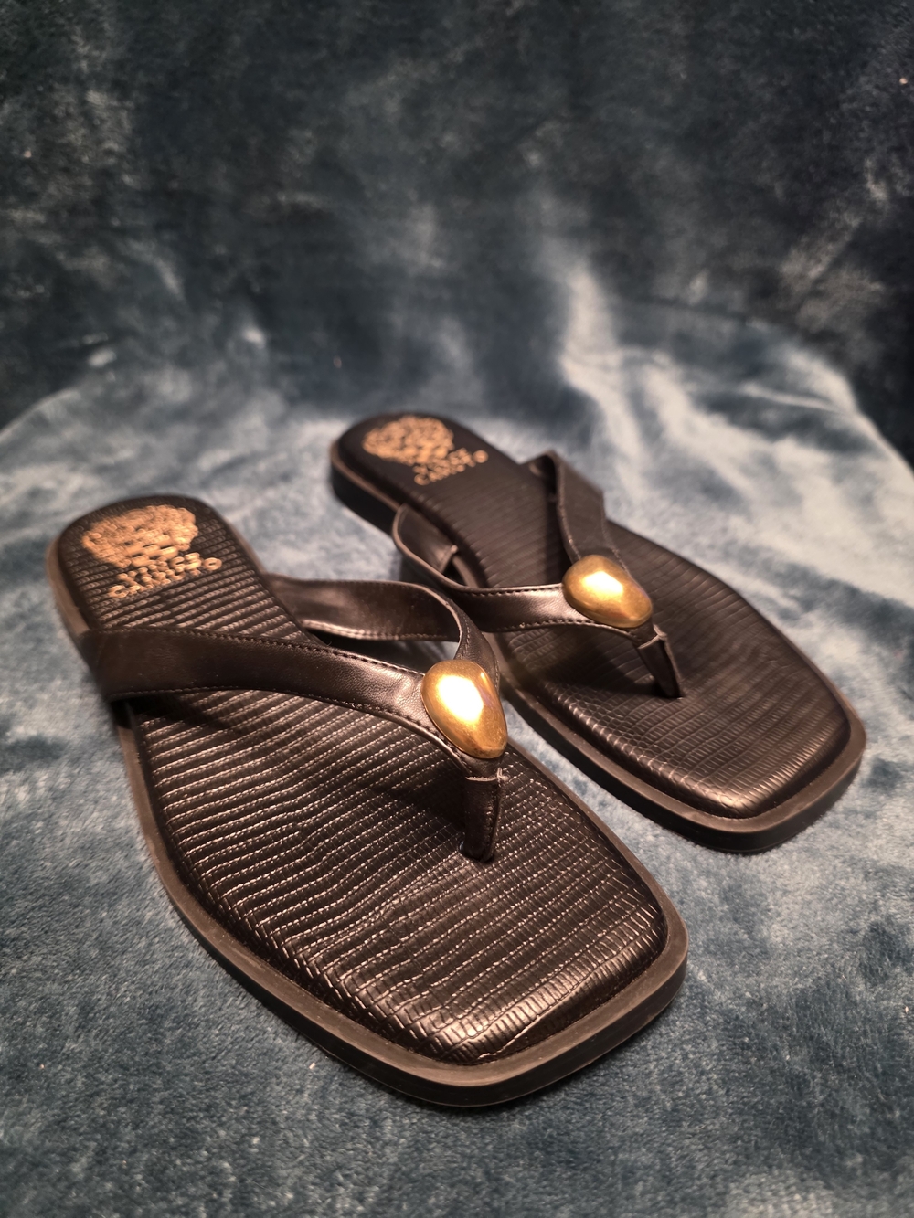 Vince Camuto Black Thong Sandals with Gold Accent